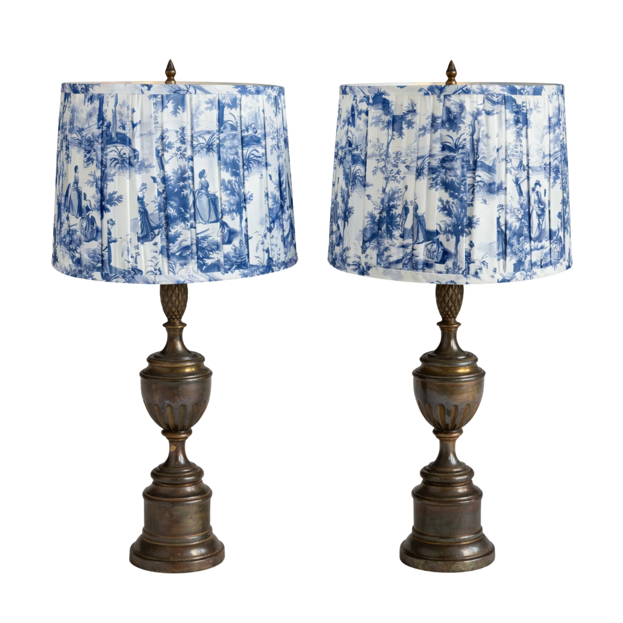 Pair of Vintage Brass Pineapple Lamps by Stiffel with Blue & White Toile Shades