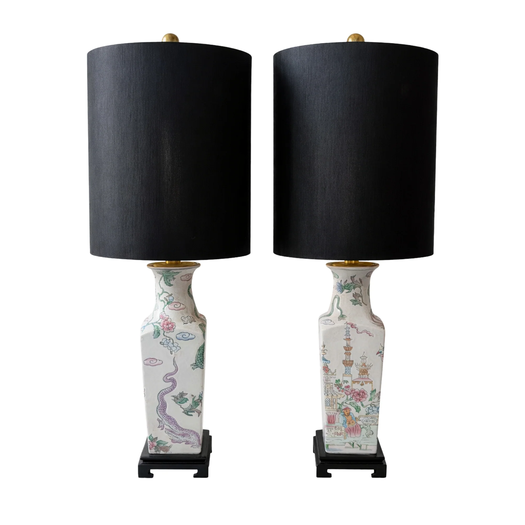 Pair of Vintage Chinoiserie Hand-painted Porcelain Vase Lamps with Wooden Bases