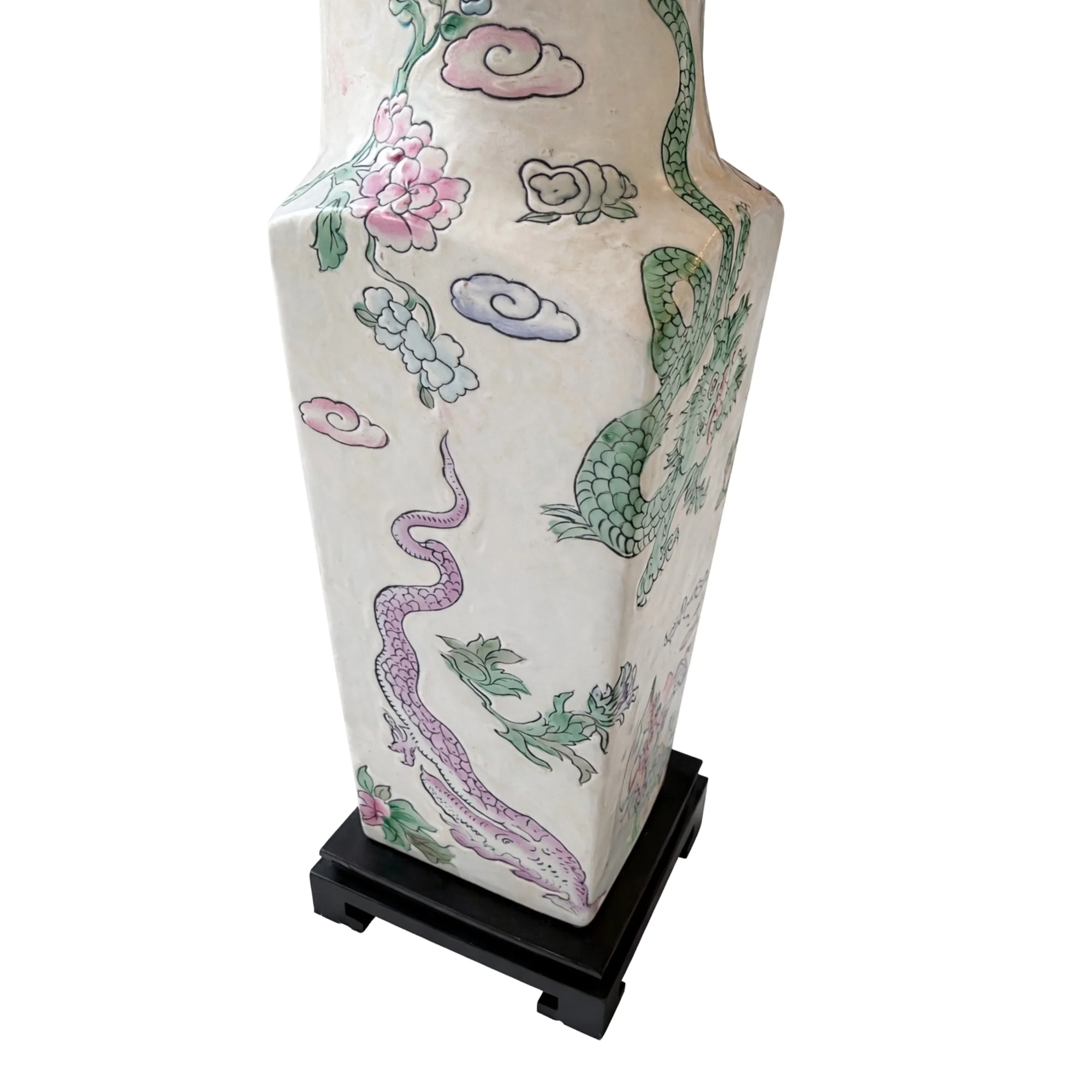 Pair of Vintage Chinoiserie Hand-painted Porcelain Vase Lamps with Wooden Bases - Image 3