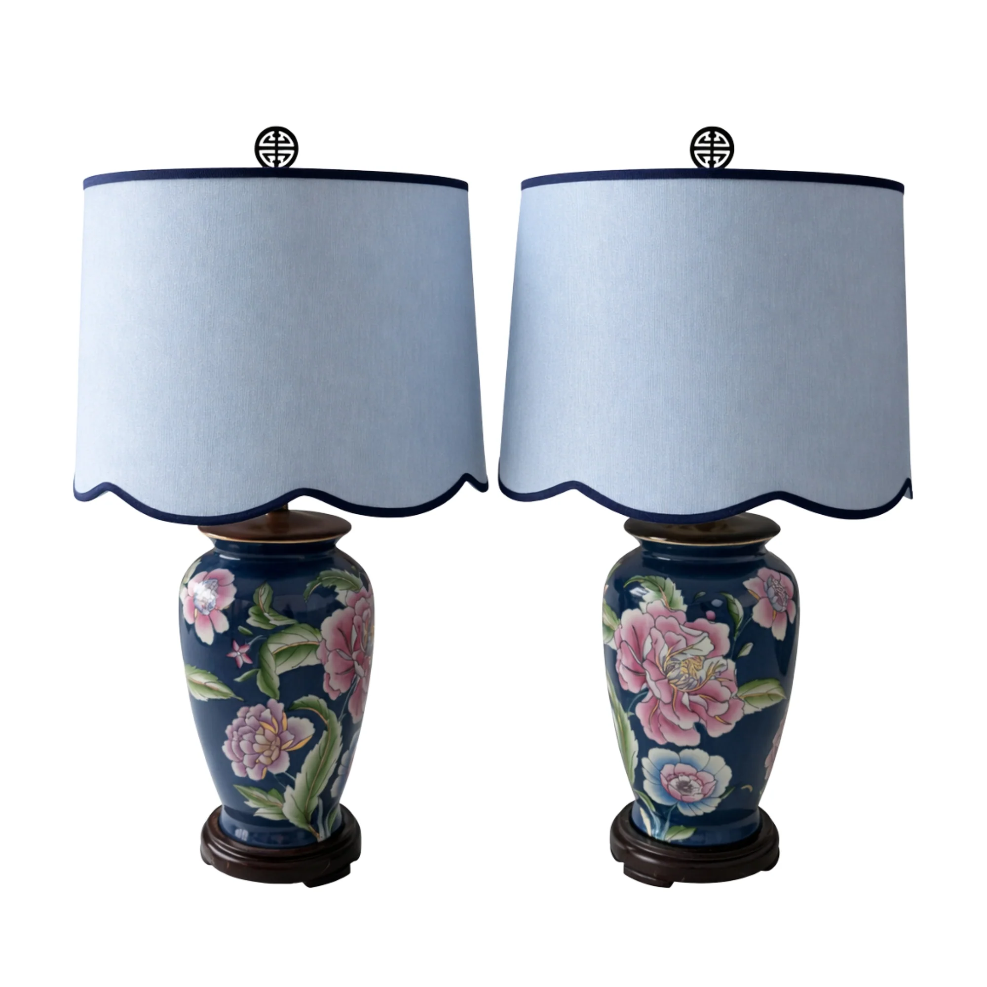 Pair of Vintage Hand-Painted Porcelain Chinoiserie Ginger Jar Lamps Blue with Floral Motif