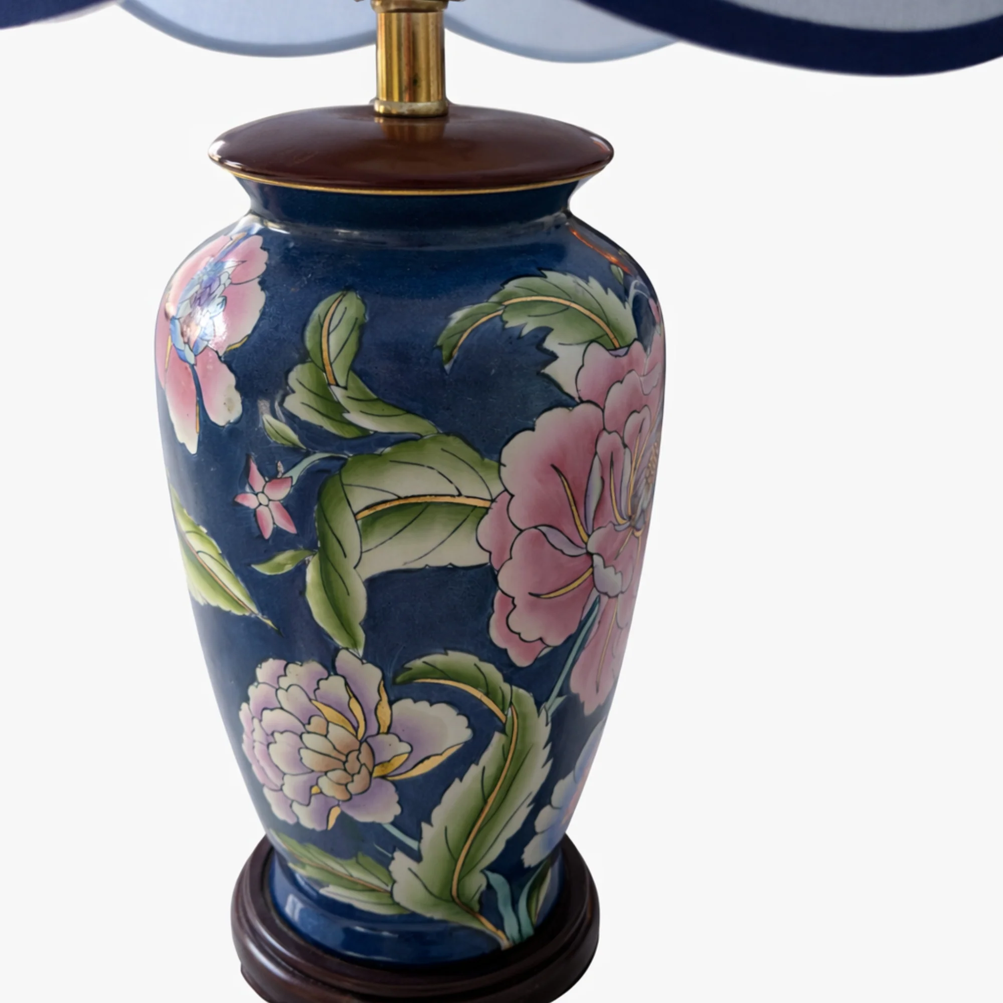 Pair of Vintage Hand-Painted Porcelain Chinoiserie Ginger Jar Lamps Blue with Floral Motif - Image 2