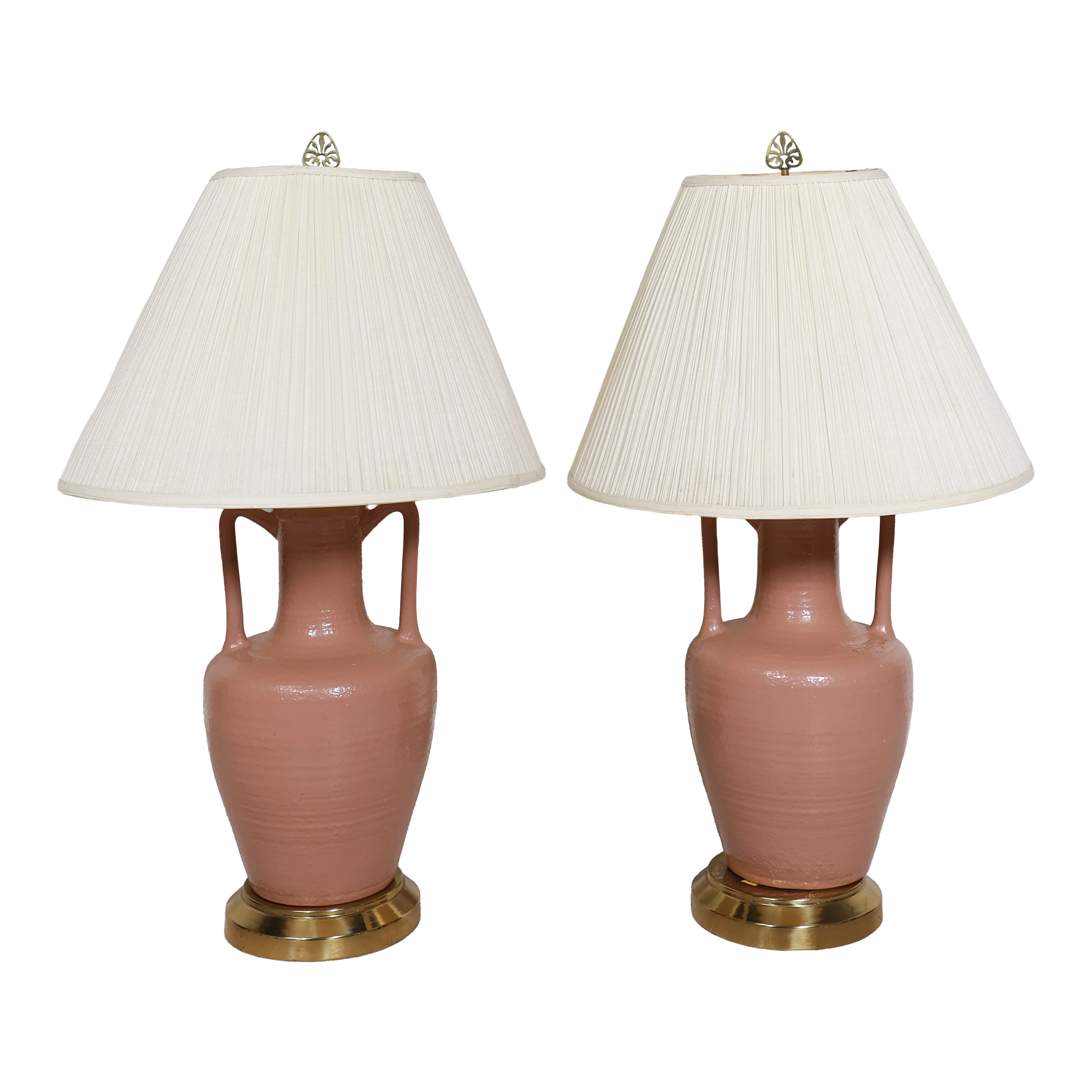 Pair of Vintage Terra Cotta Pottery Lamps with Handles
