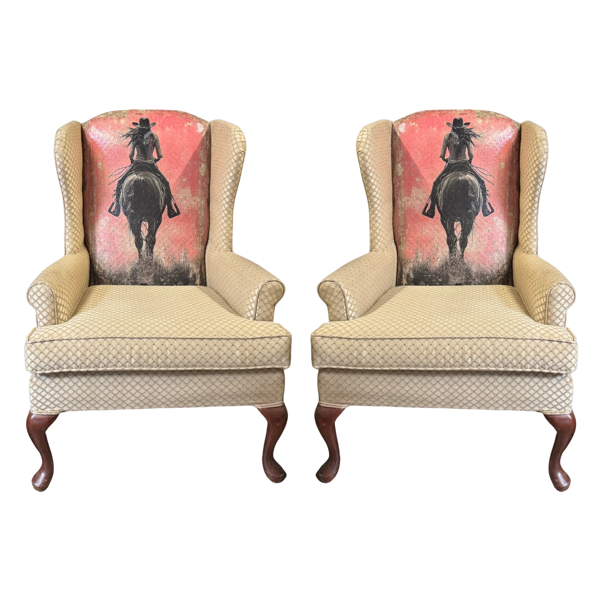 Pair of Wingback Chairs with Cowgirl Painting