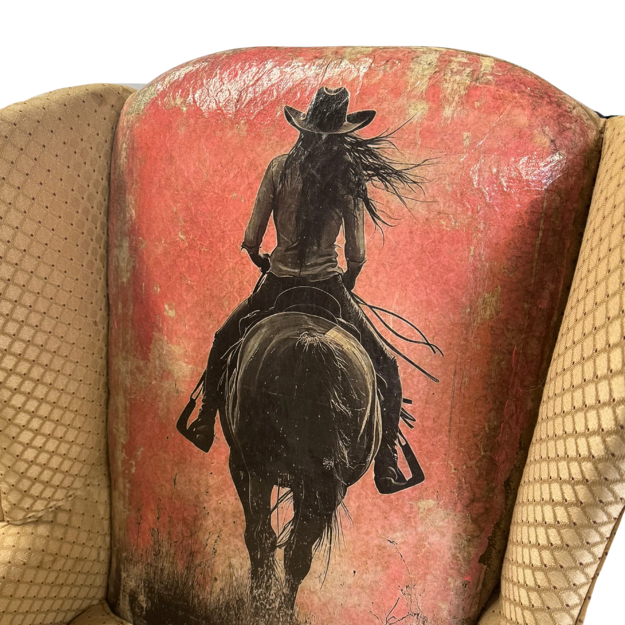 Pair of Wingback Chairs with Cowgirl Painting - Image 2