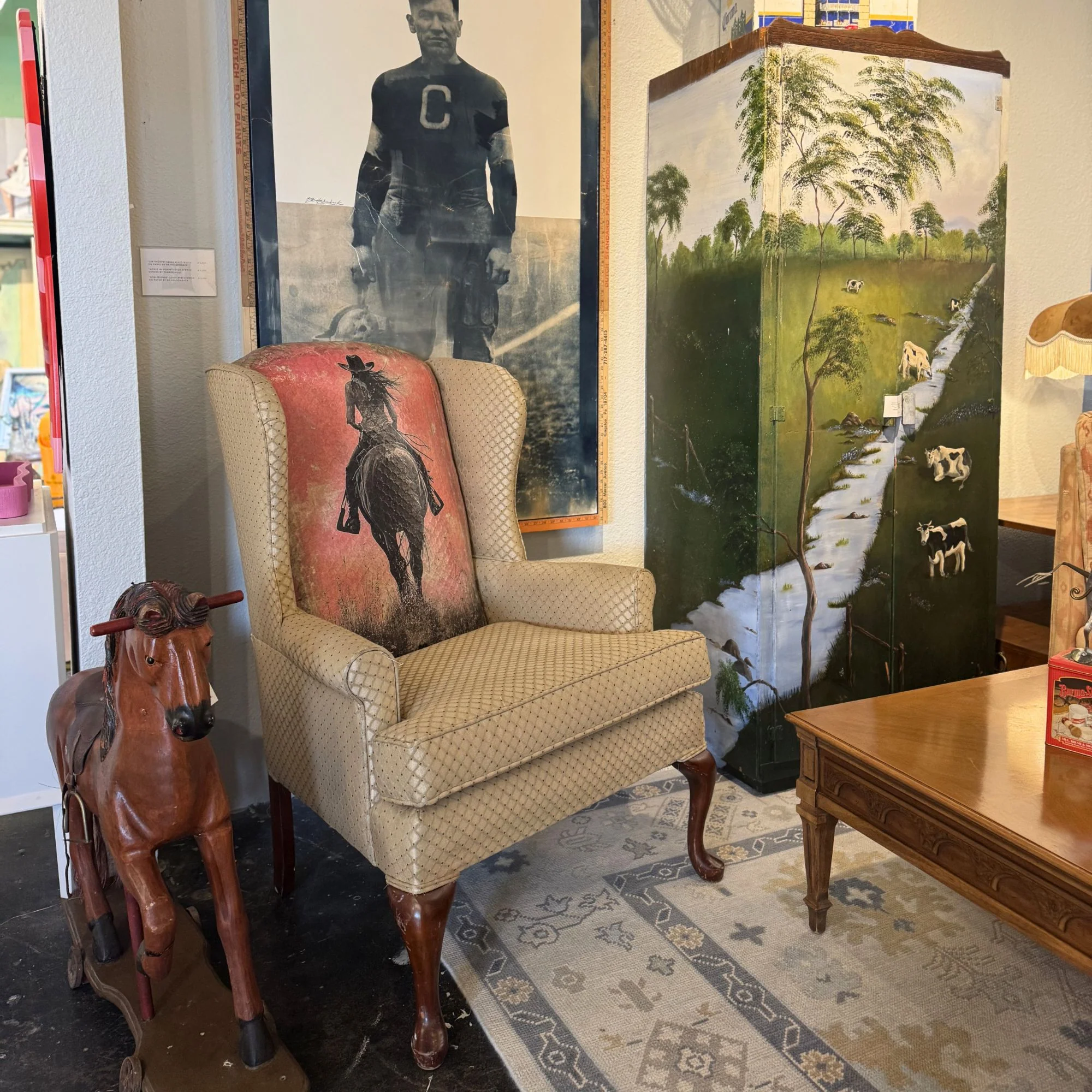 Pair of Wingback Chairs with Cowgirl Painting - Image 3