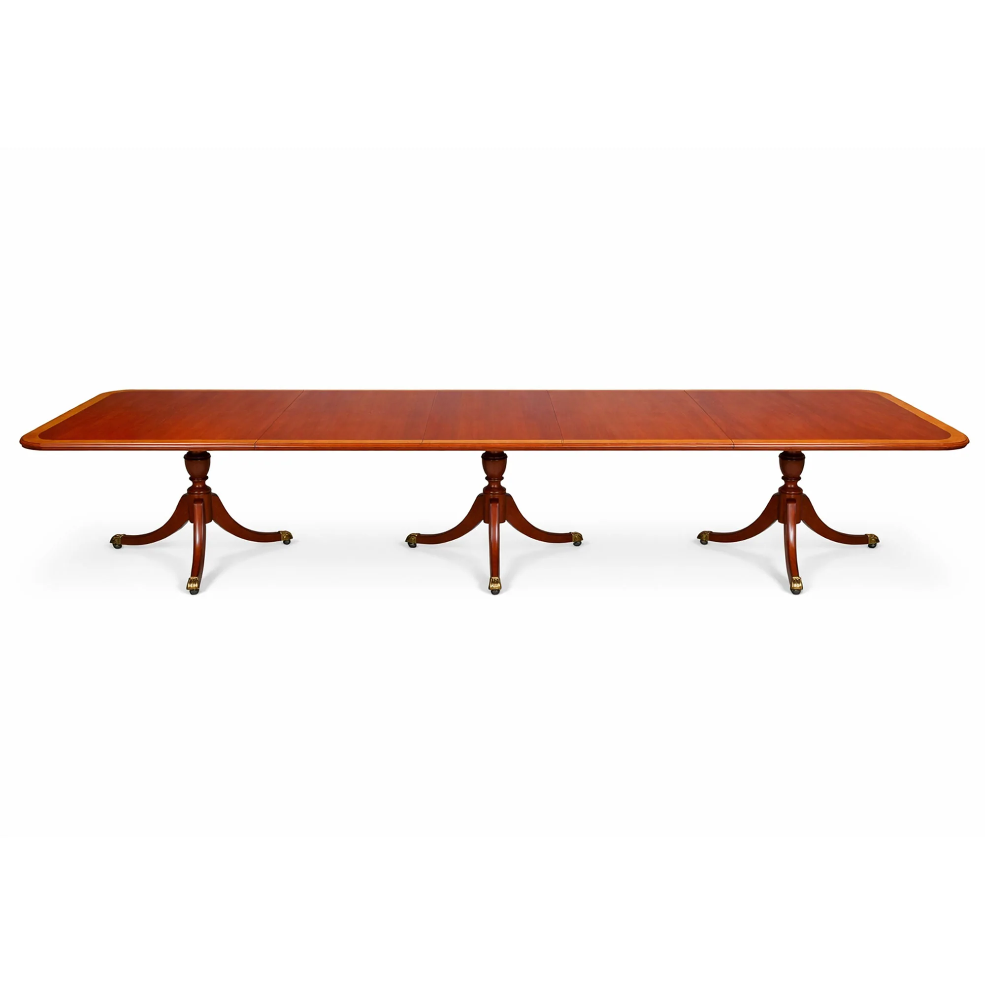 Refinished English Regency Style Banded Mahogany Triple Pedestal Dining Table, 20th c.