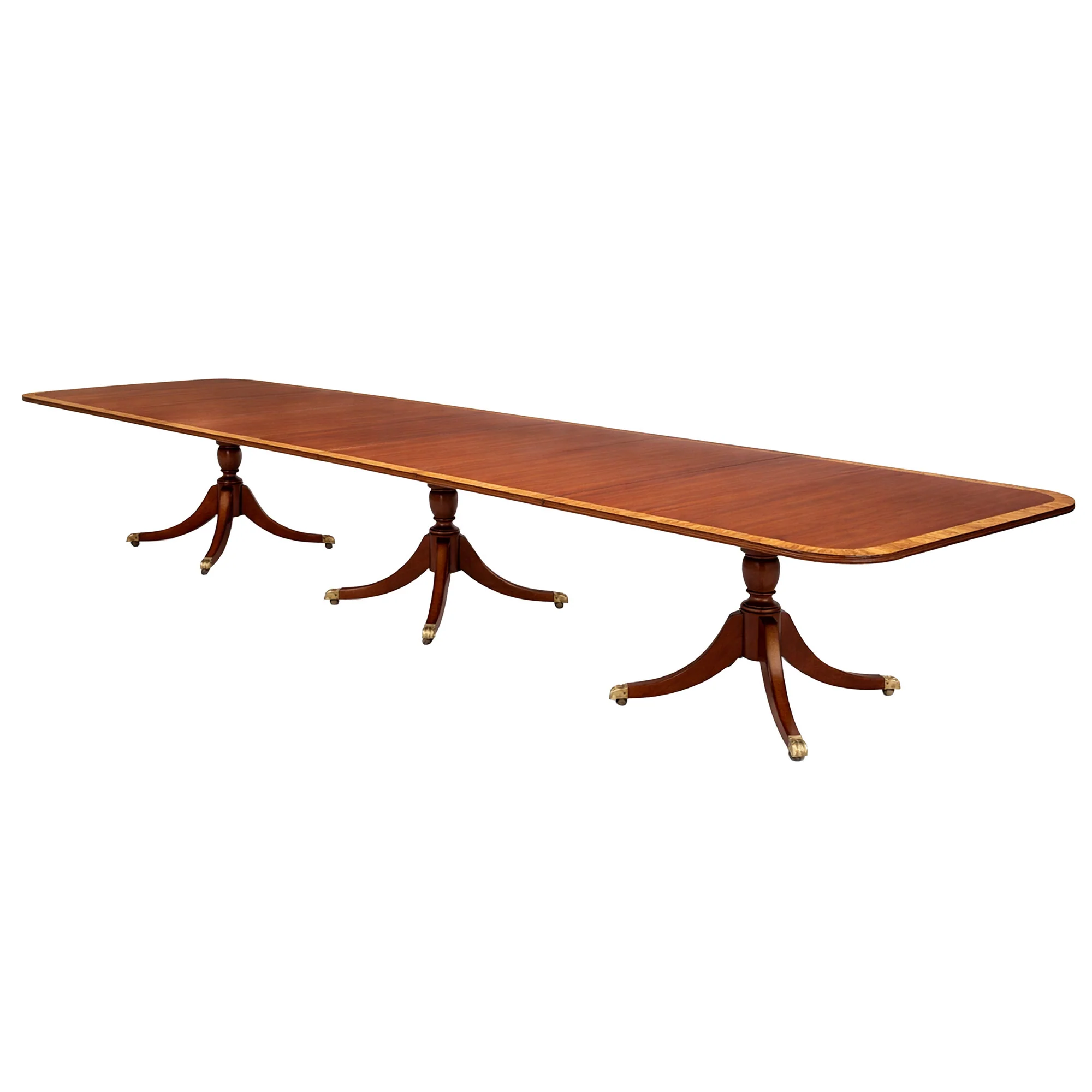 Refinished English Regency Style Banded Mahogany Triple Pedestal Dining Table, 20th c. - Image 3