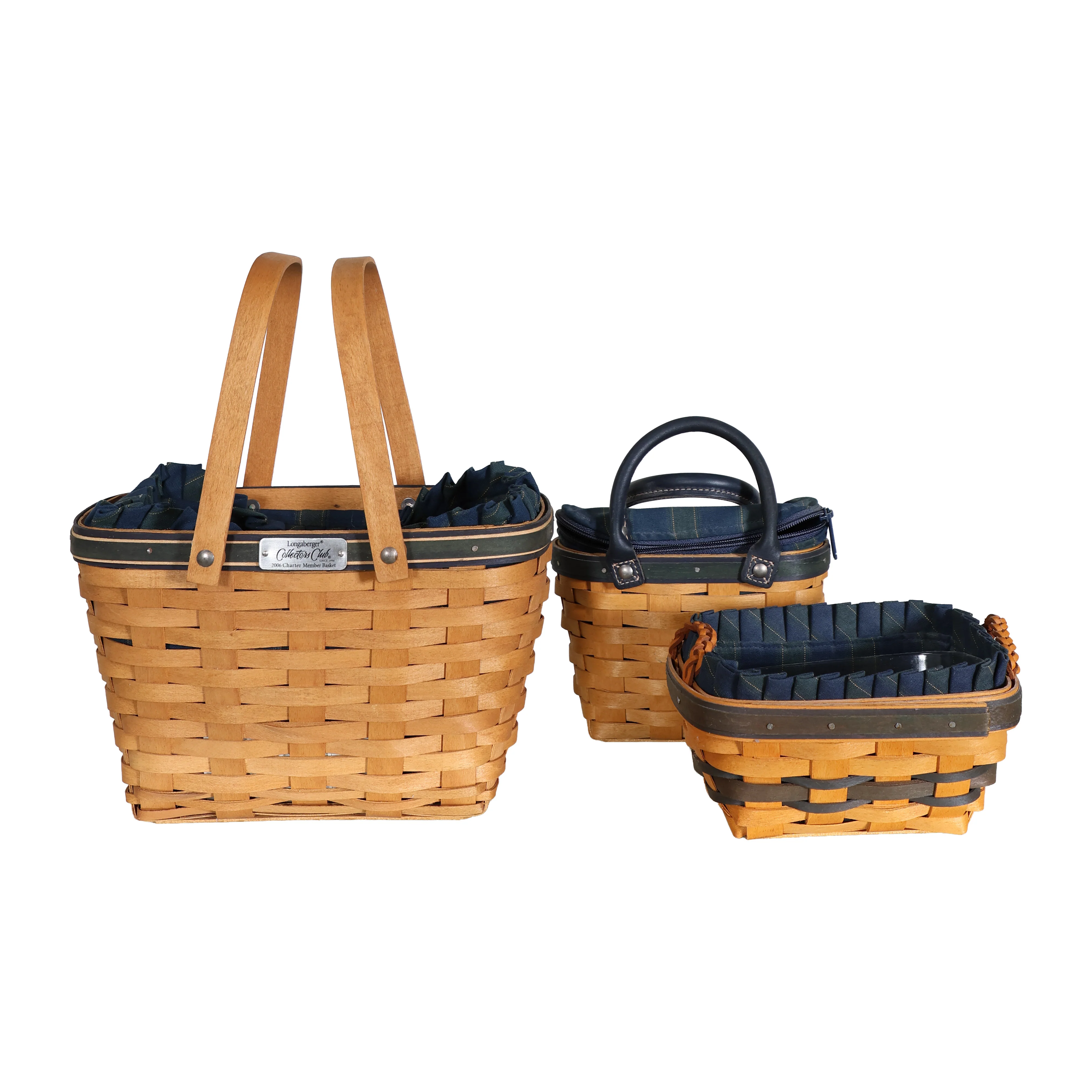 Set of 3 Navy & Forest Plaid Longaberger Baskets