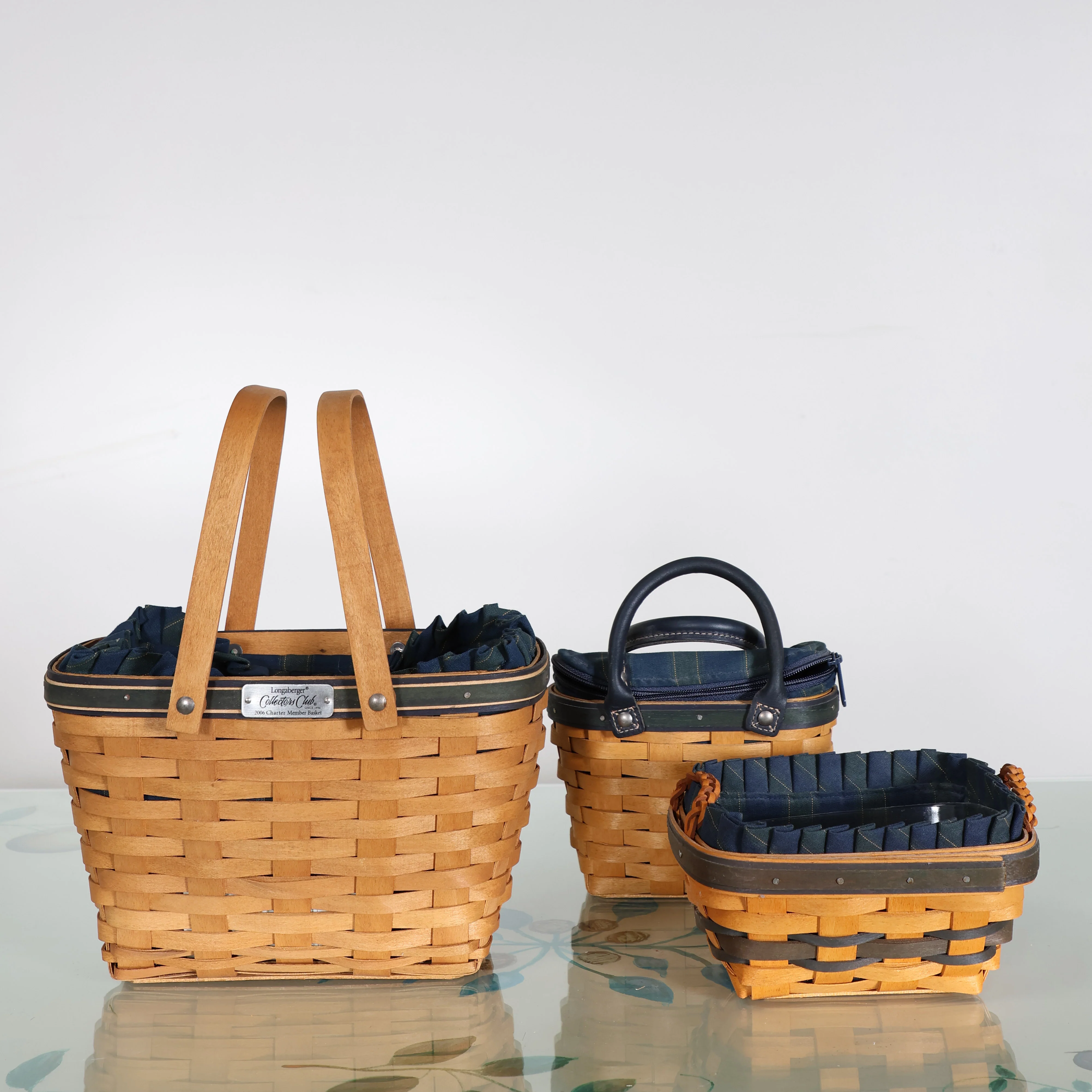 Set of 3 Navy & Forest Plaid Longaberger Baskets - Image 2