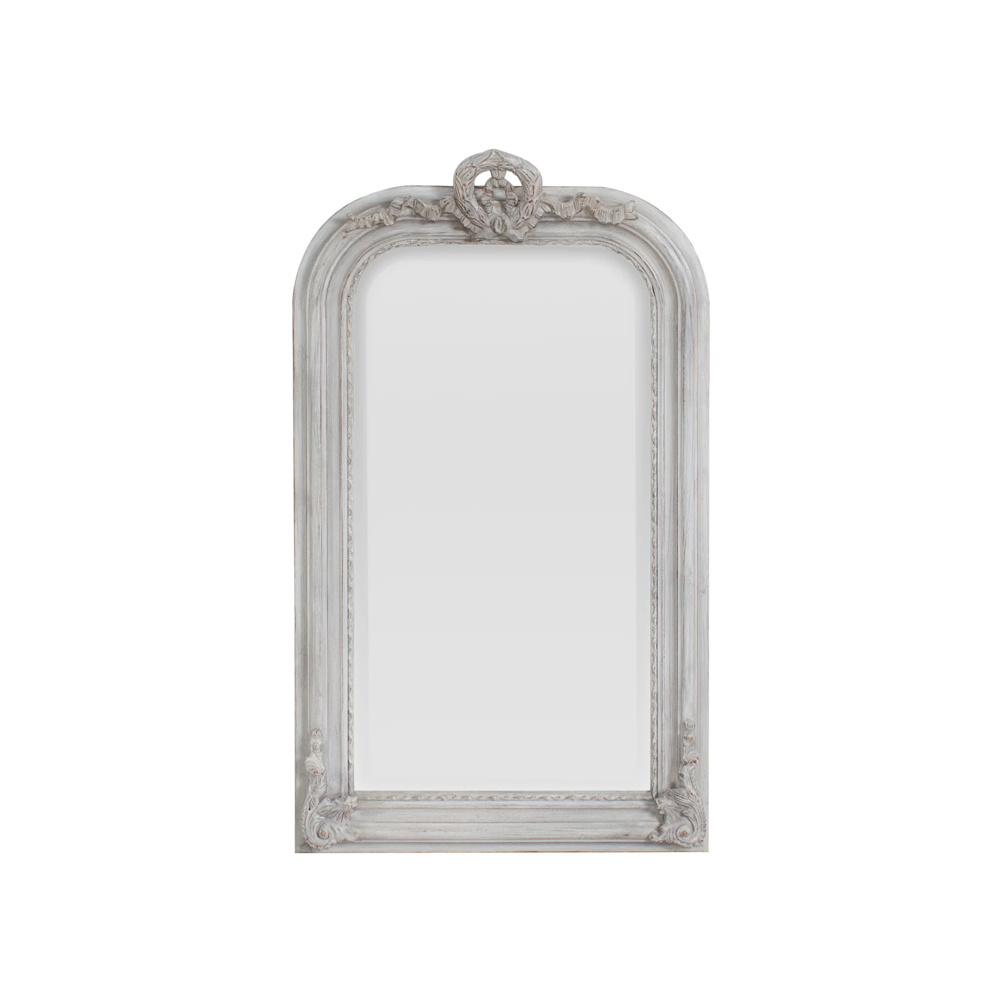 Small Grey Wash Mirror with Decorative Wreath Top