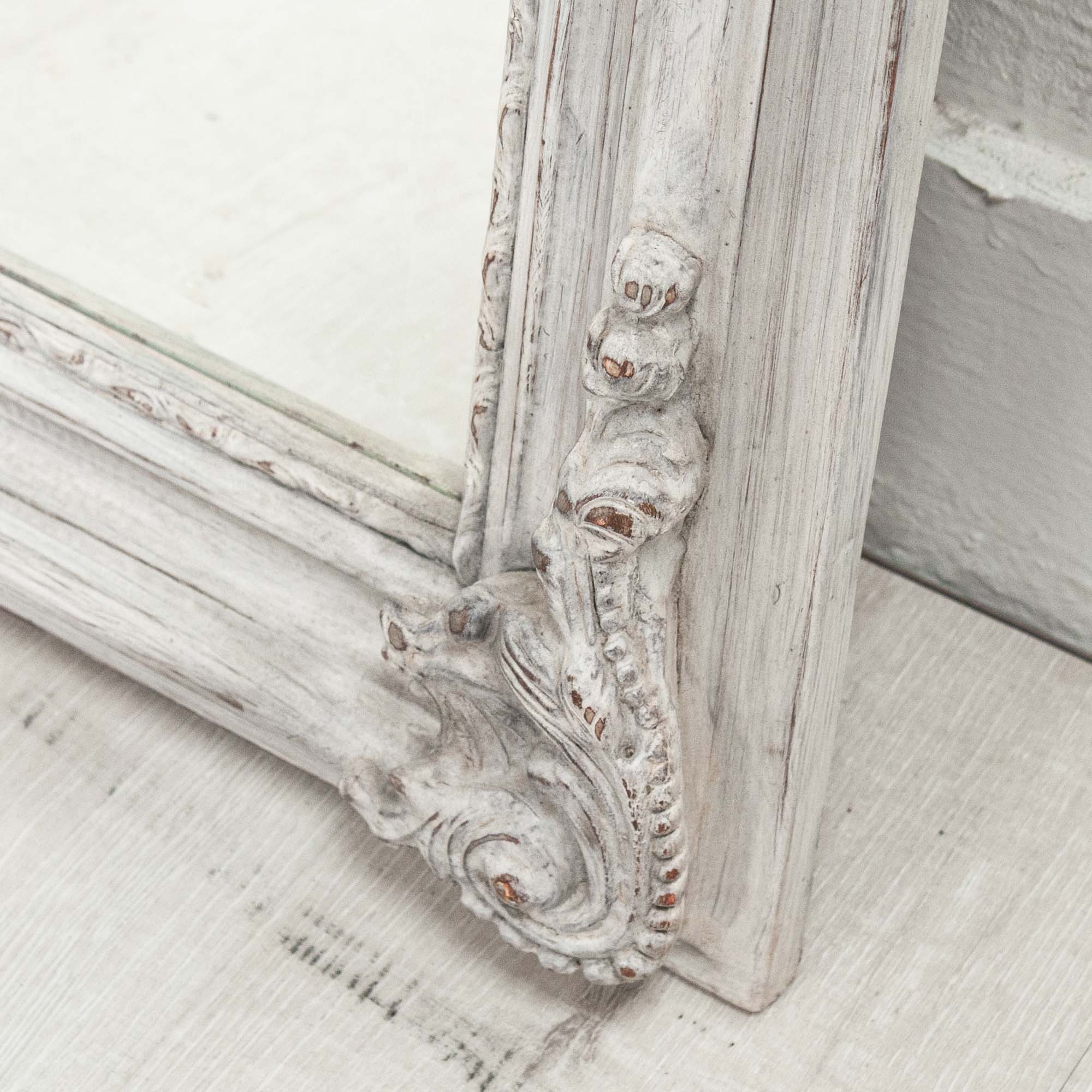 Small Grey Wash Mirror with Decorative Wreath Top - Image 4