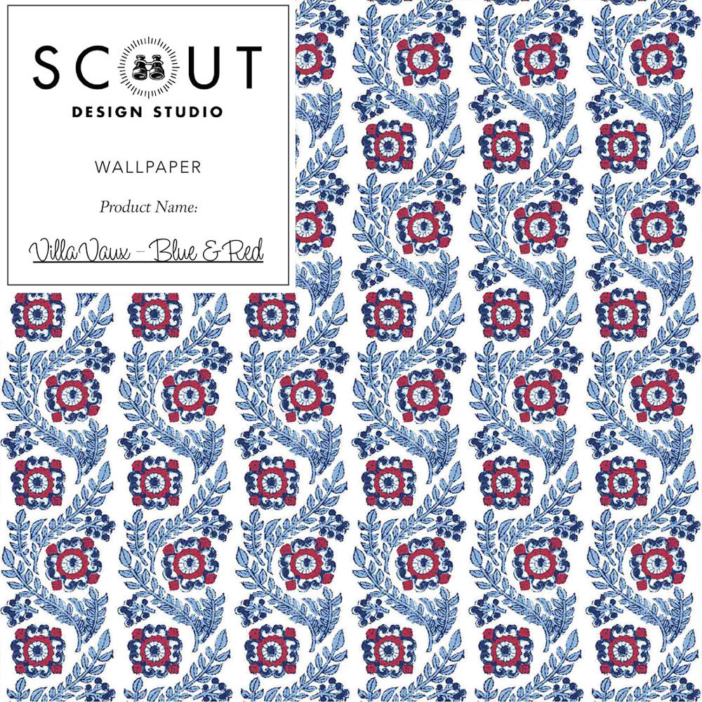 Villa Vaux Wallpaper in Blue and Red Sample