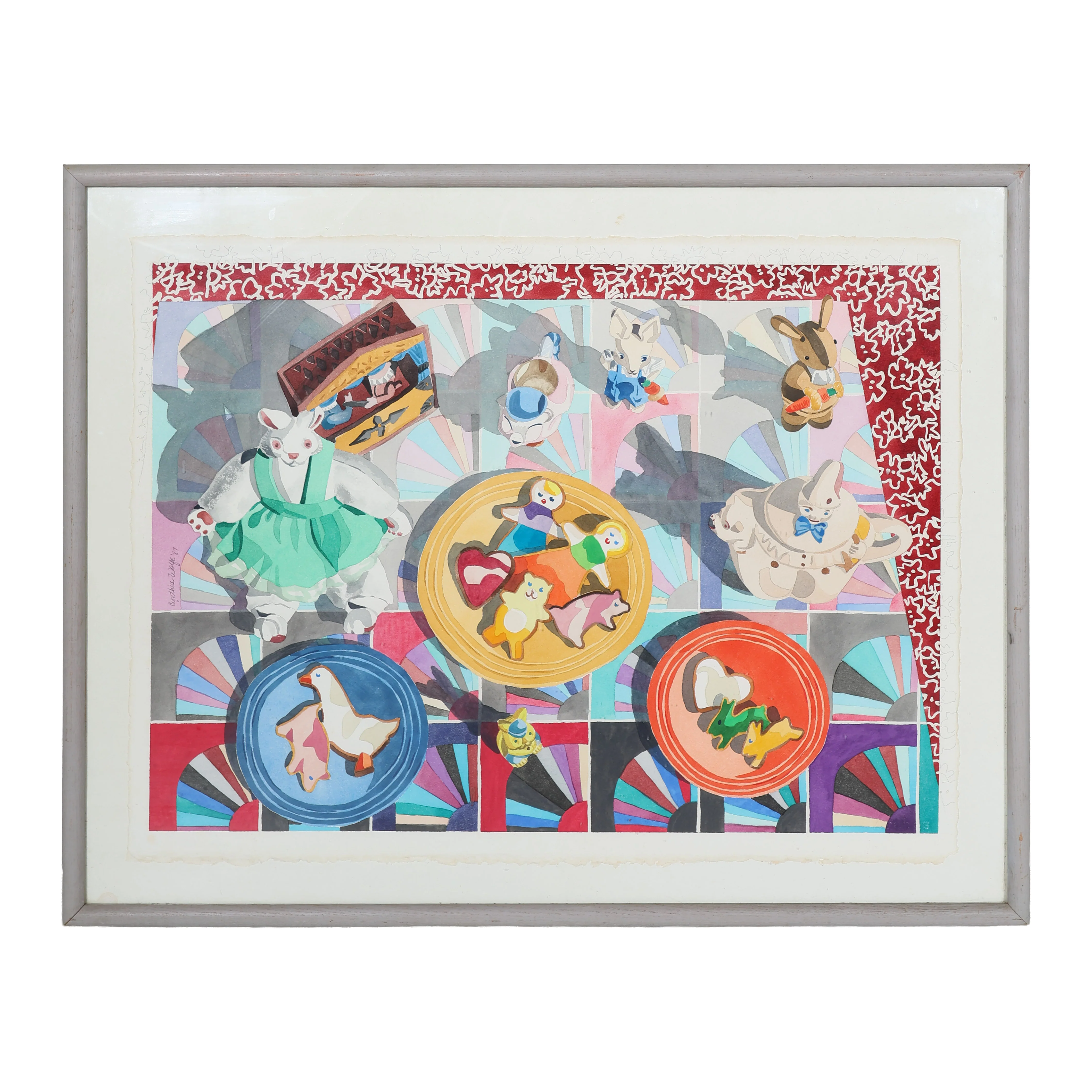 Whimsical Tea Party Original Framed Watercolor by Cynthia Wolfe 1987