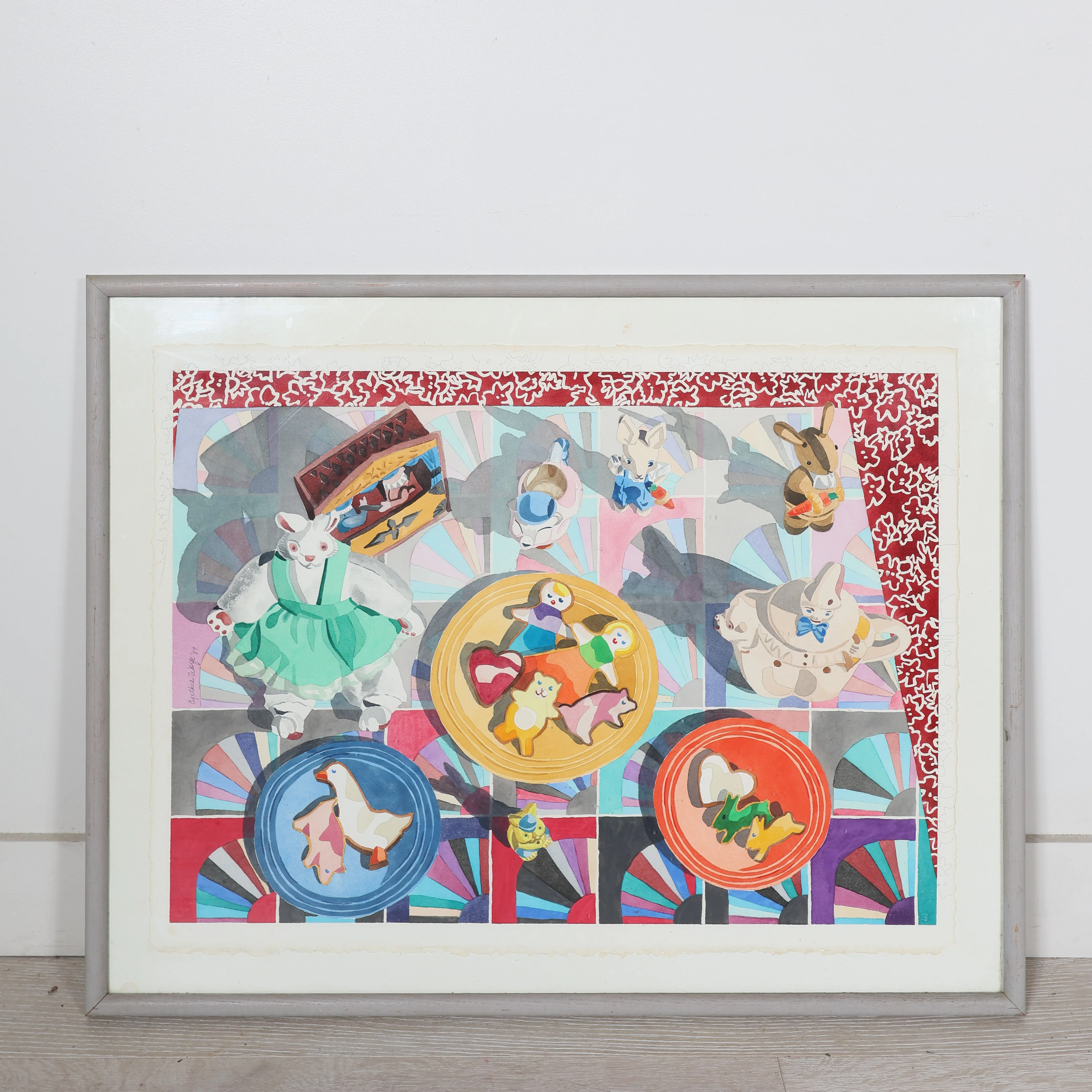 Whimsical Tea Party Original Framed Watercolor by Cynthia Wolfe 1987 - Image 2
