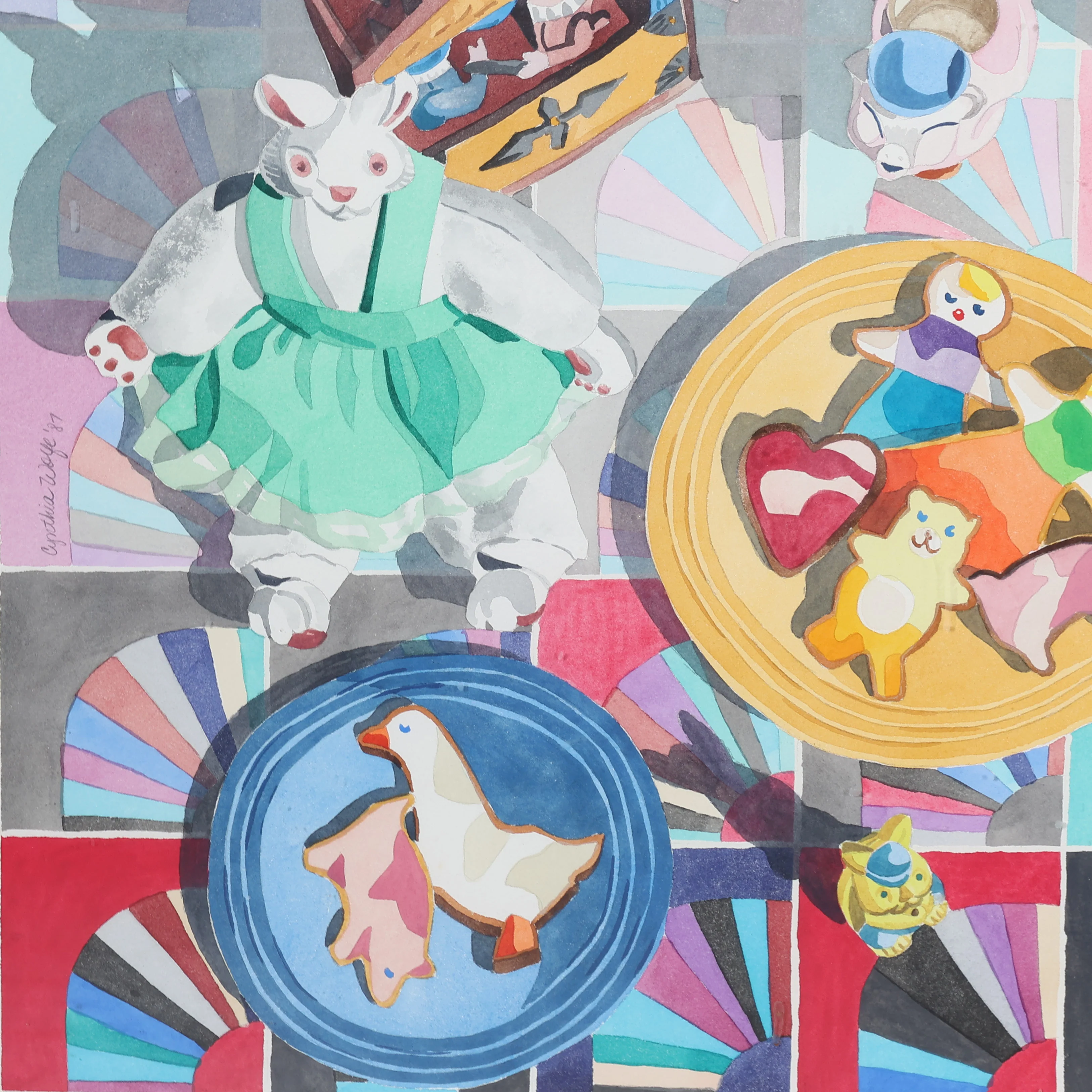 Whimsical Tea Party Original Framed Watercolor by Cynthia Wolfe 1987 - Image 6